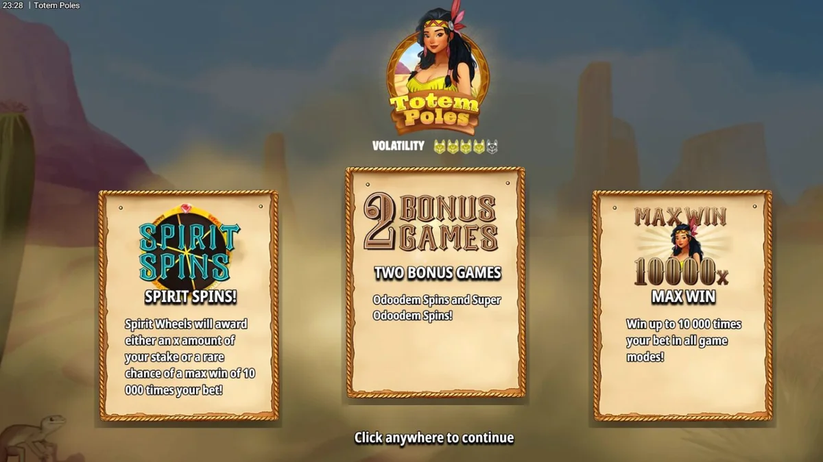 Totem Poles slot game interface showing vibrant animal spirit symbols and stacked reels.